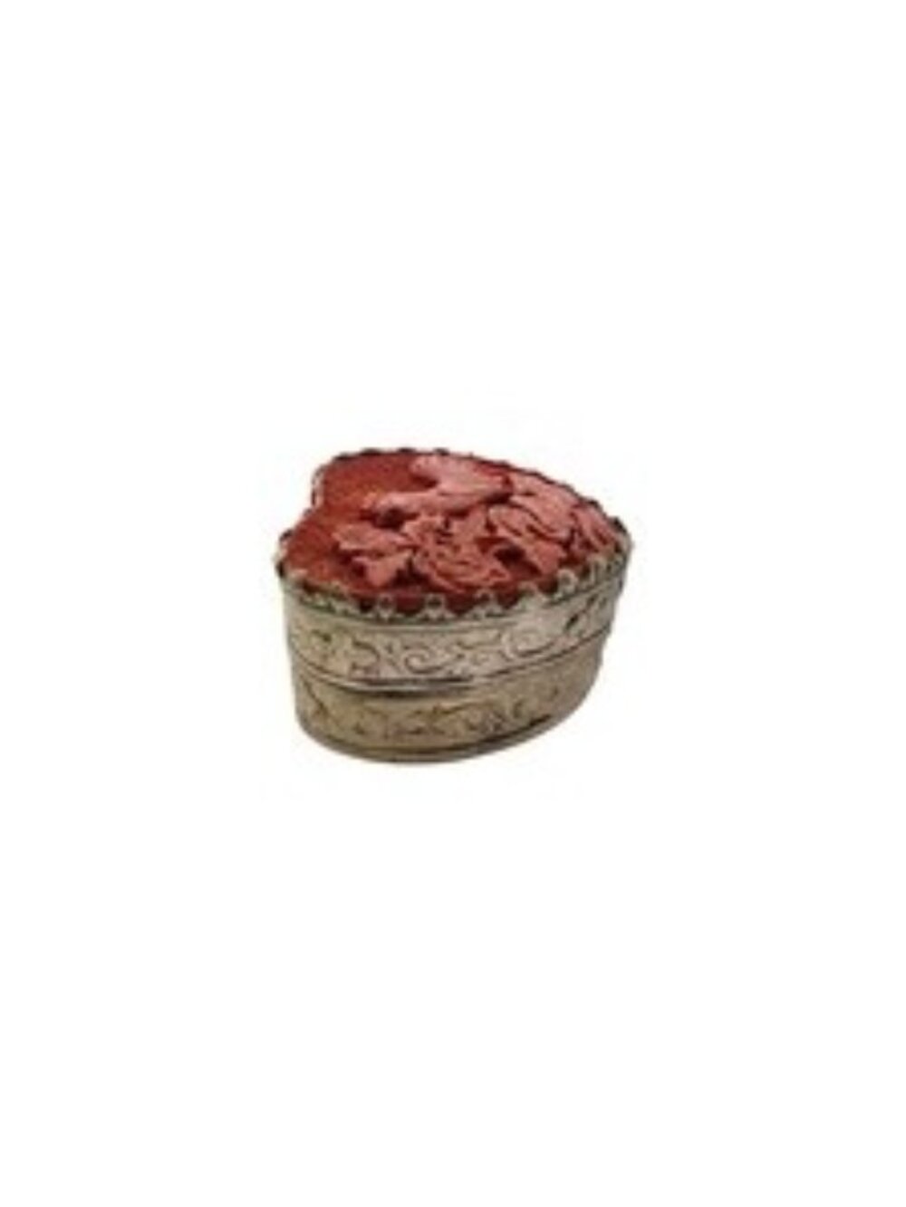 Trinket Box Heart Shaped Metal with Carved Cinnabar Rooster Design Vintage Gift